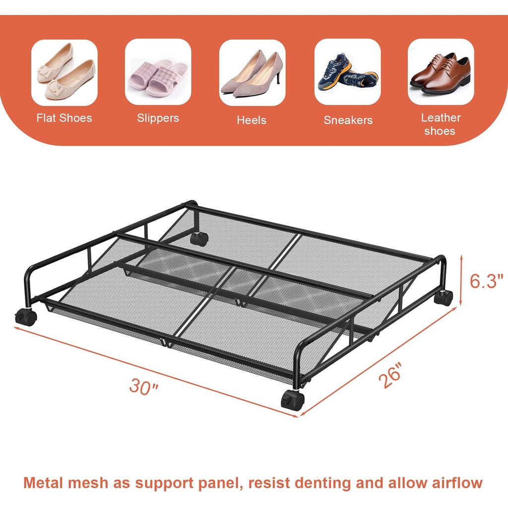 Under Bed Shoe Storage Organizer, 2 Pack Metal Mesh with Wheels J5210