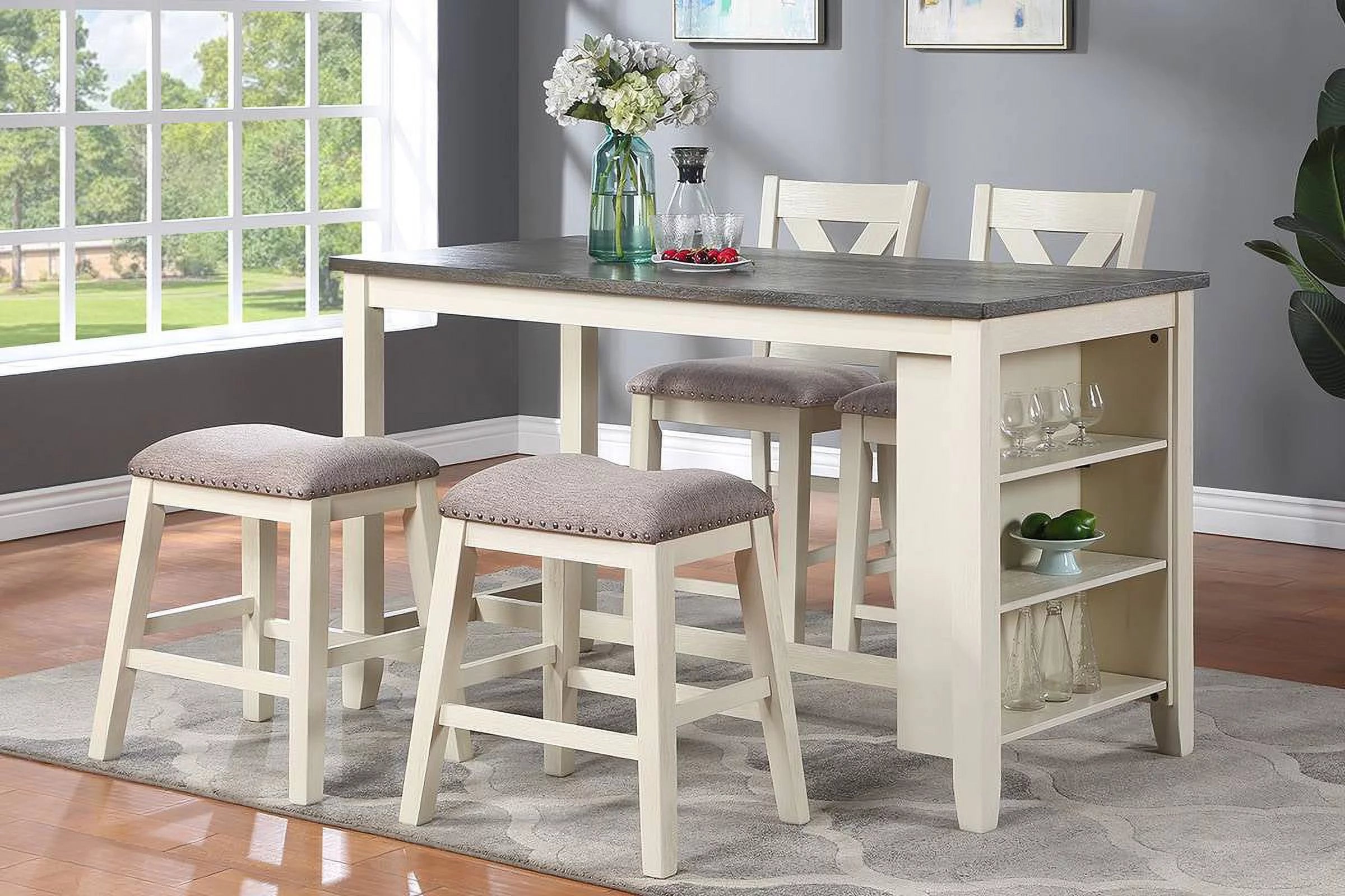 5pc Counter Height Dining Table with Storage Shelves and Stools D135644