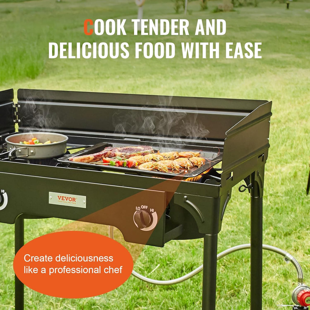 Outdoor Propane Burner, 2 Burner Stove with Windscreen, Heavy Duty Gas Cooker with Detachable Legs Stand K541773