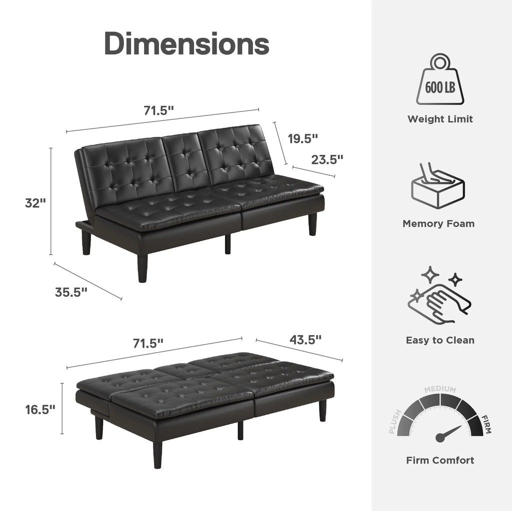 Memory Foam Futon with Cupholder and USB, Black Faux Leather P11538