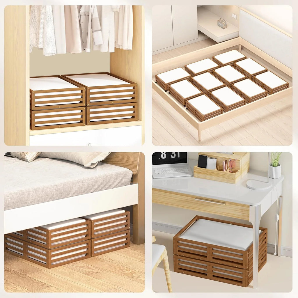 Bamboo Under Bed Storage Containers with Wheels and Dust Bag B86438