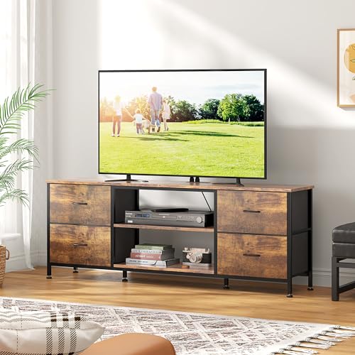TV Stand with 4 Fabric Drawers and Open Shelves for 50" TV, Black Wood Veins F648