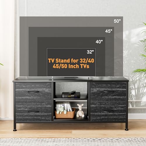TV Stand with 4 Fabric Drawers and Open Shelves for 50" TV, Black Wood Veins F648