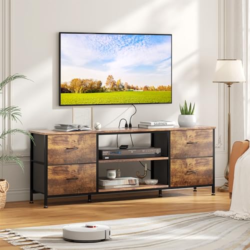 TV Stand with 4 Fabric Drawers and Open Shelves for 50" TV, Black Wood Veins F648