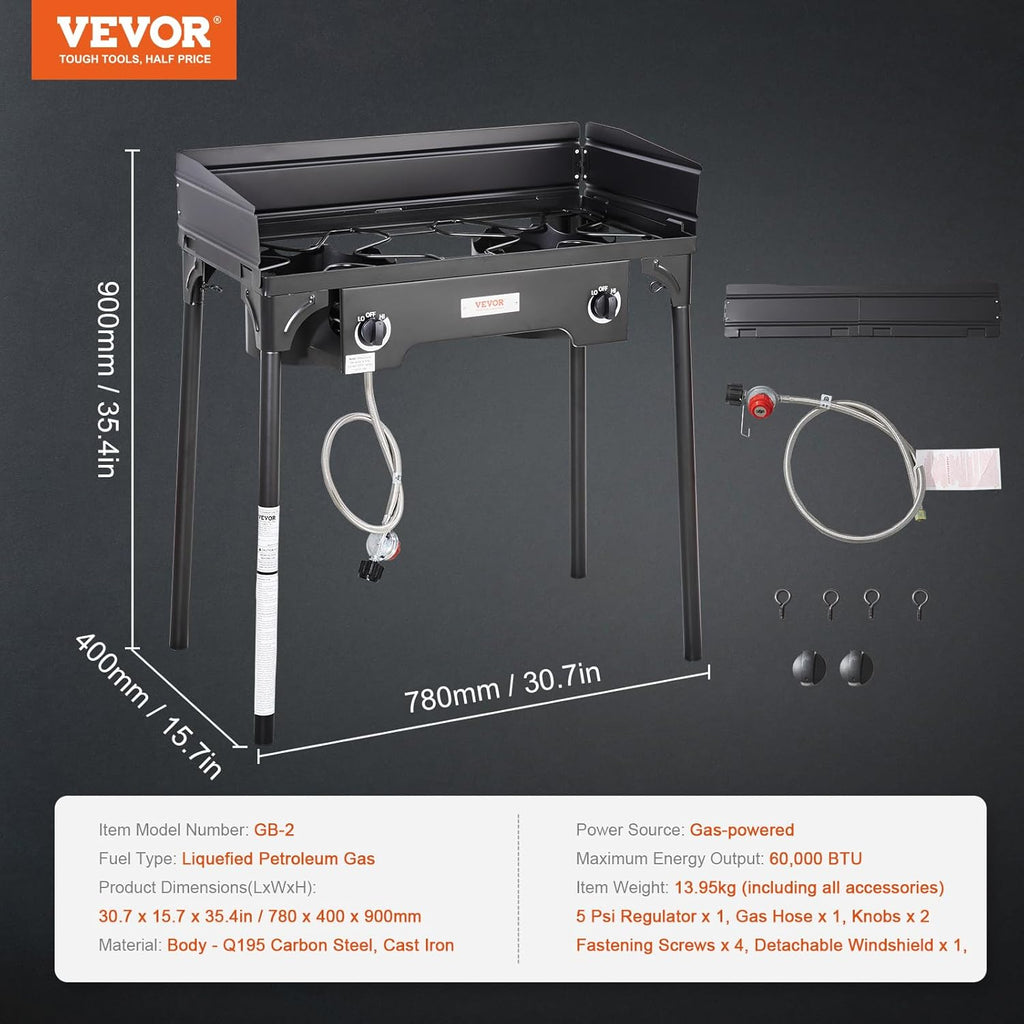 Outdoor Propane Burner, 2 Burner Stove with Windscreen, Heavy Duty Gas Cooker with Detachable Legs Stand K541773