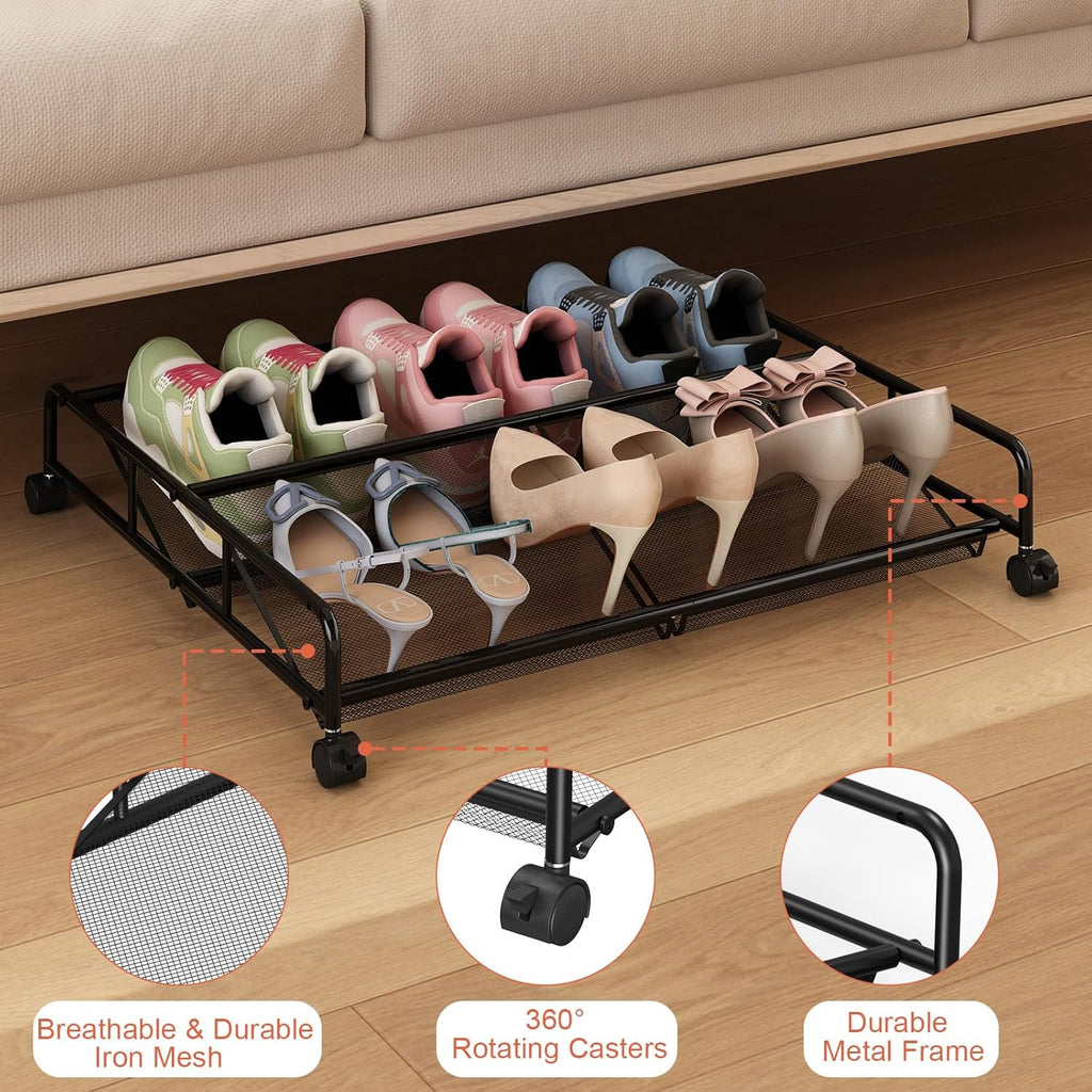 Under Bed Shoe Storage Organizer, 2 Pack Metal Mesh with Wheels J5210