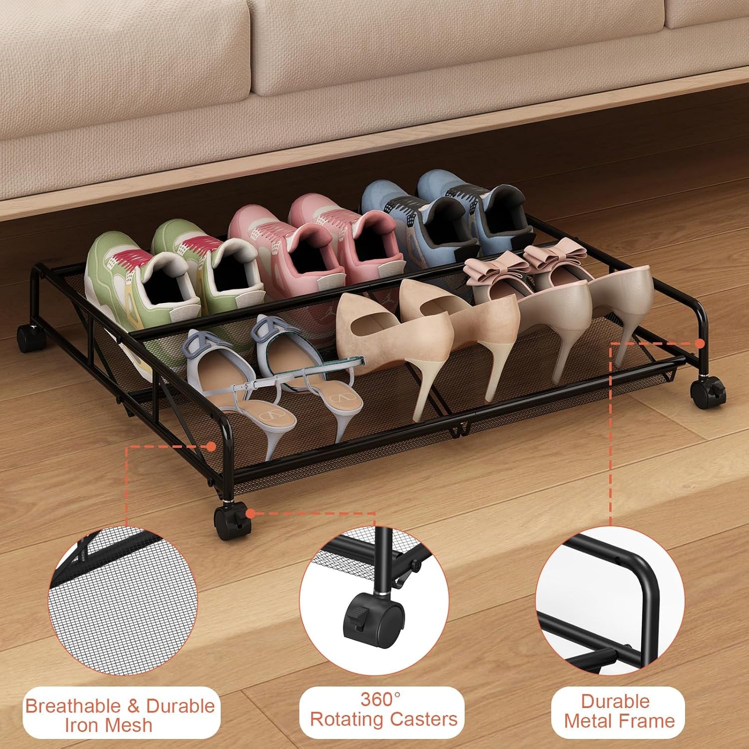 Under Bed Shoe Storage Organizer, 2 Pack Metal Mesh with Wheels J5210
