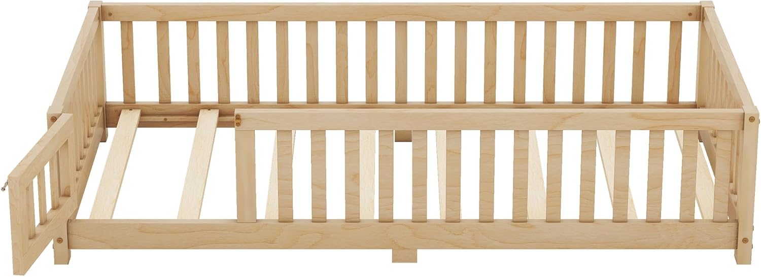 Twin Size Montessori Floor Bed with Door and Fence for Kids, Easy Assembly, Natural S369