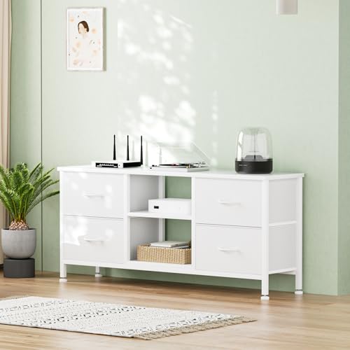 TV Stand with 4 Fabric Drawers and Open Shelves for 50" TV, Black Wood Veins F648