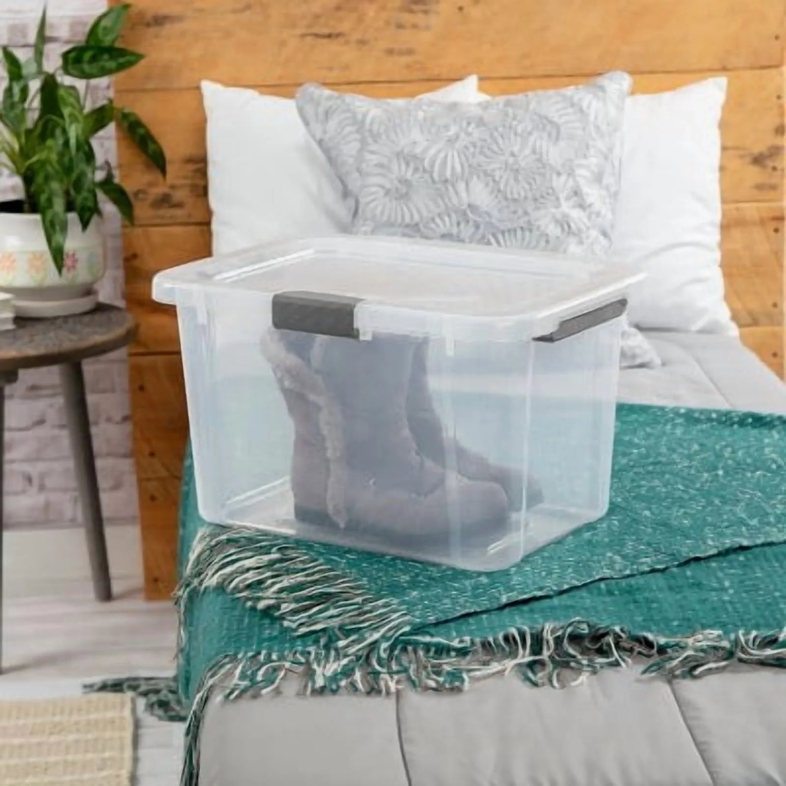 Plastic Storage Tote with Hinged Lid and Handles, Stackable C77941