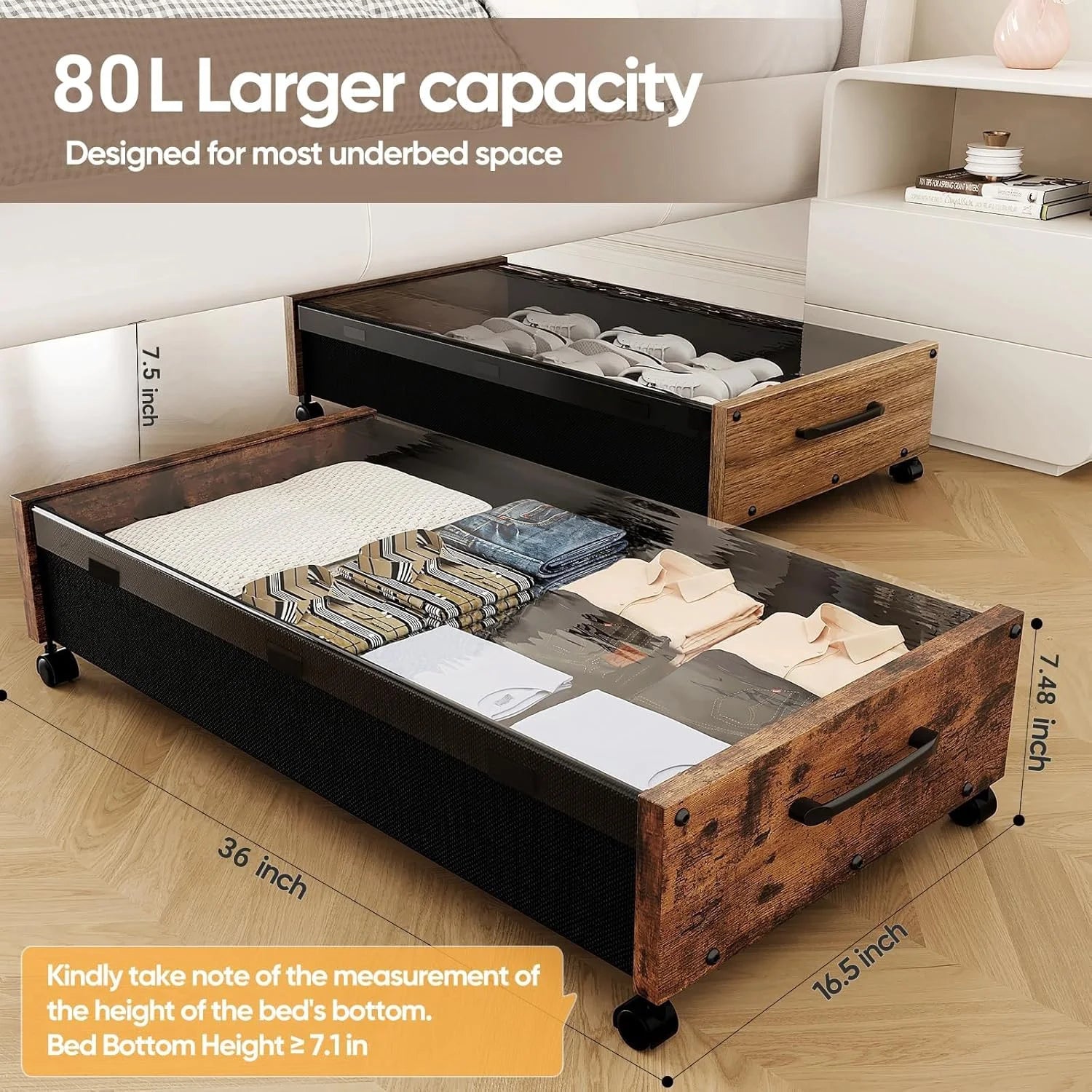 Under Bed Storage with Wheels, 2 Pack Rolling Metal Drawer for Clothes Q5272