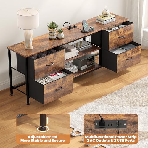 TV Stand with 4 Fabric Drawers and Open Shelves for 50" TV, Black Wood Veins F648