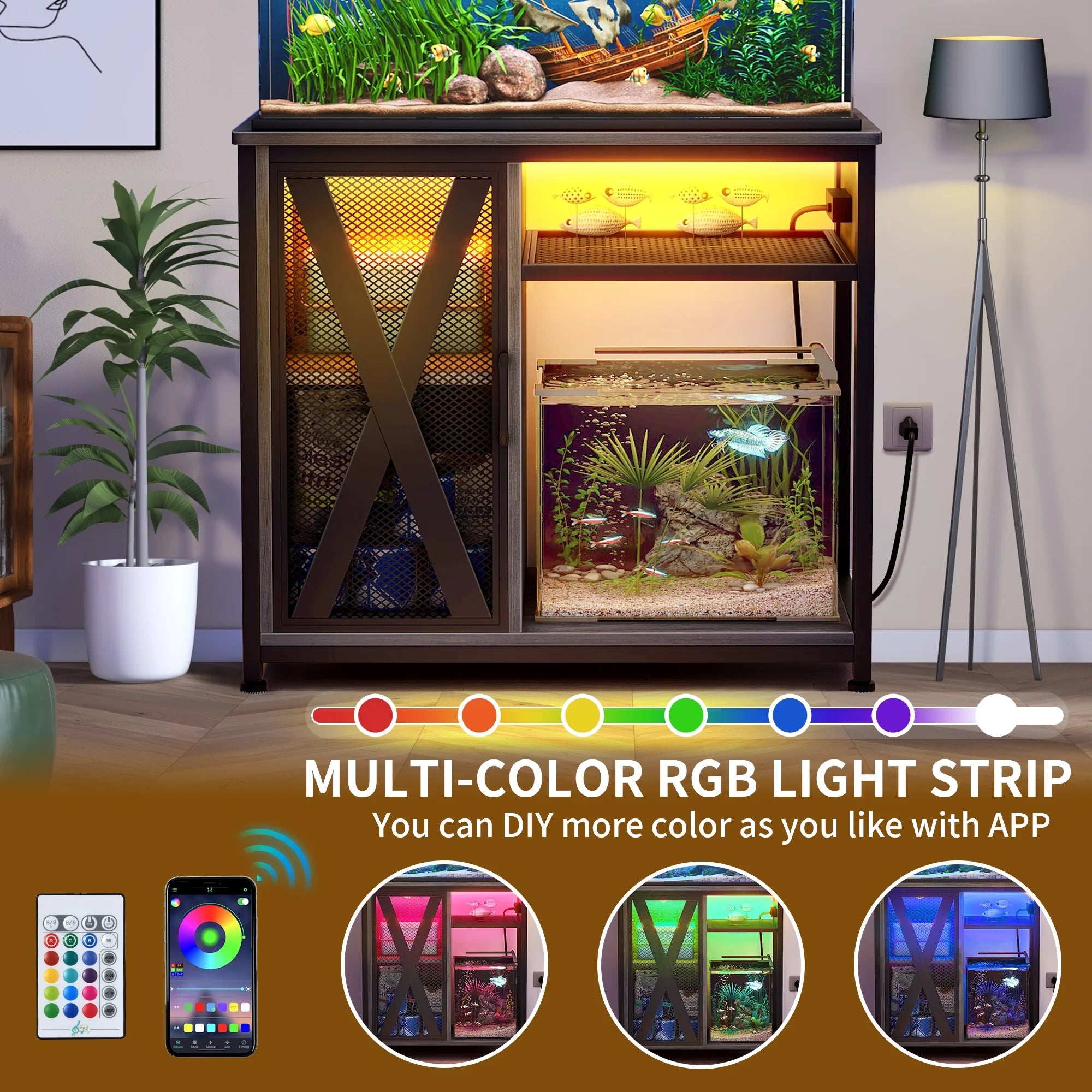 Metal Aquarium Stand with Power Outlets and LED Light for 40-50 Gallon Tank Y39338