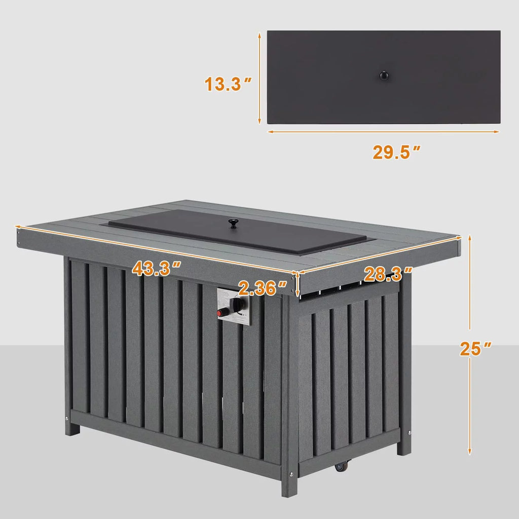 43 Inch HDPE Propane Fire Pit Table with Lid and Fire Glass, Gray F161