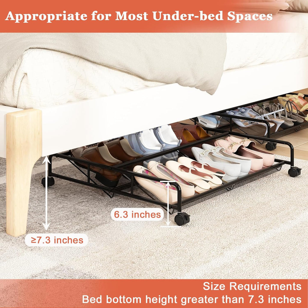 Under Bed Shoe Storage Organizer, 2 Pack Metal Mesh with Wheels J5210