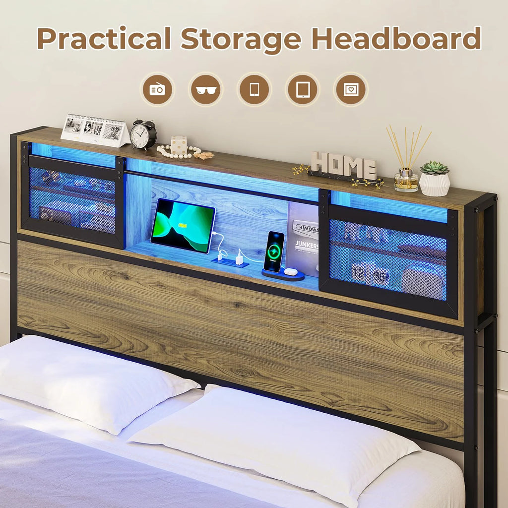 Metal Platform Bed Frame with 4 Storage Drawers and Charging Station, Oak Grey M9441