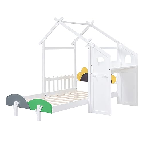 House-Shaped Twin Size Platform Bed with Windmill and Flower Decor E549