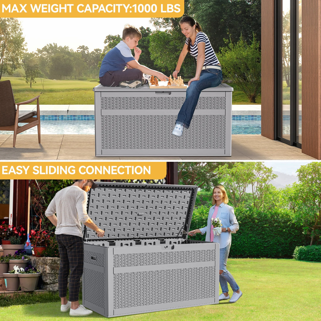 230 Gallon Resin Deck Box, Double-Wall Rattan Outdoor Storage for Patio Furniture, Waterproof and Lockable, Grey N62115