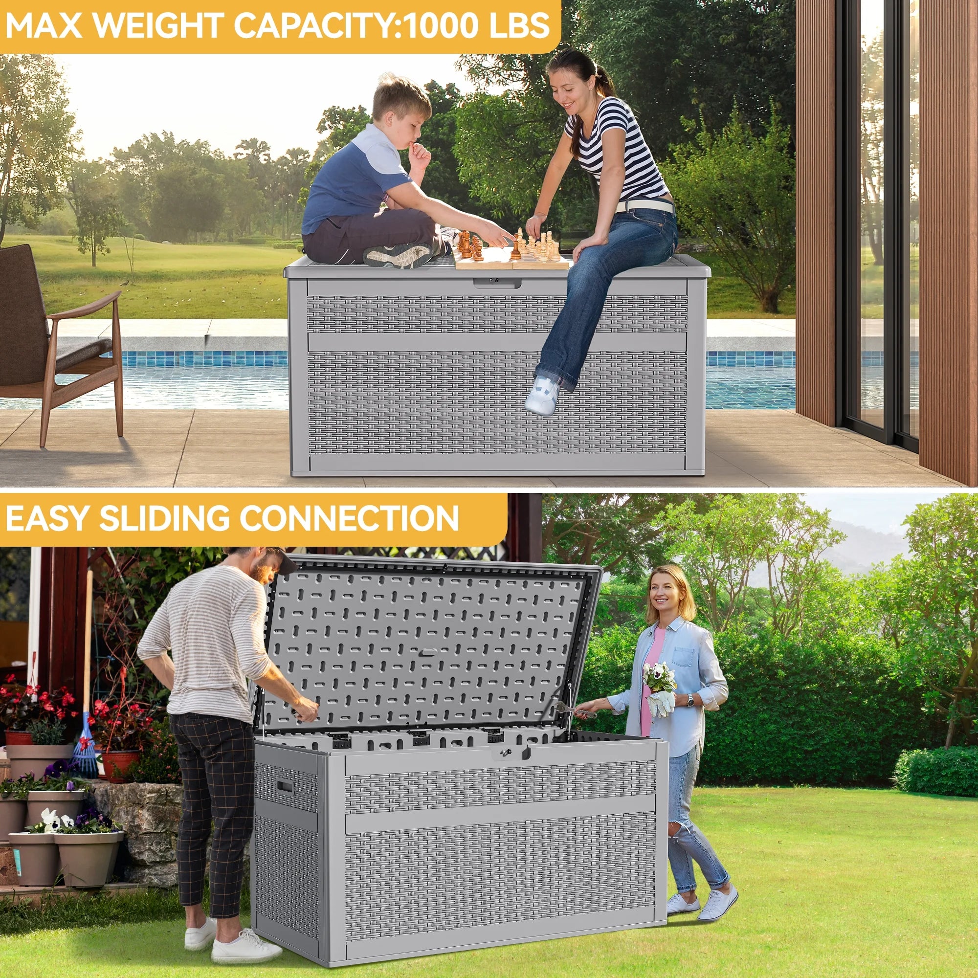 230 Gallon Resin Deck Box, Double-Wall Rattan Outdoor Storage for Patio Furniture, Waterproof and Lockable, Grey N62115