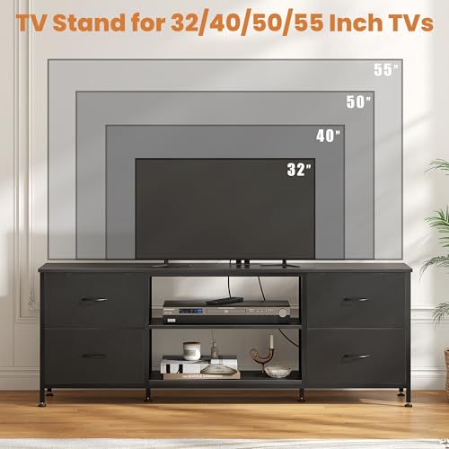 TV Stand with 4 Fabric Drawers and Open Shelves for 50" TV, Black Wood Veins F648