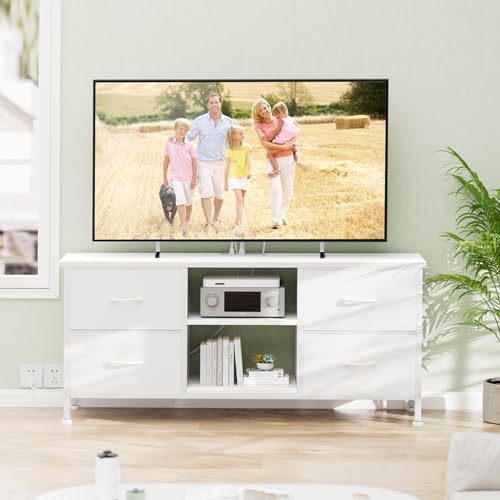 TV Stand with 4 Fabric Drawers and Open Shelves for 50" TV, Black Wood Veins F648