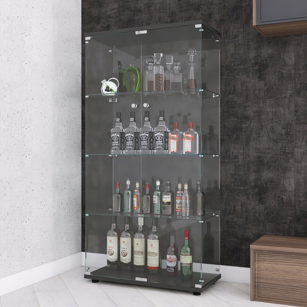 Glass Cabinet with 2 Clear Doors, 4 Shelves, 64" High, Black L954464