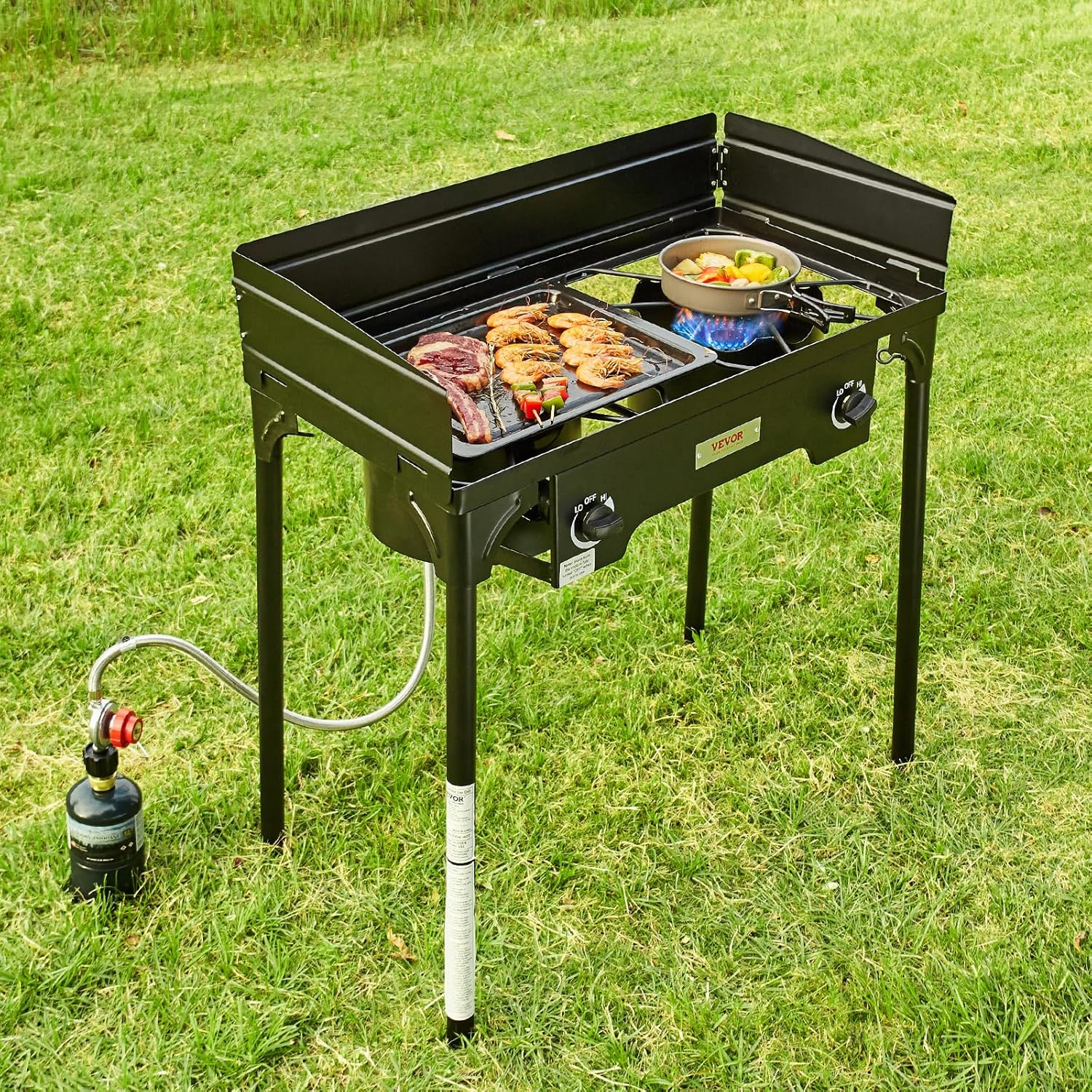 Outdoor Propane Burner, 2 Burner Stove with Windscreen, Heavy Duty Gas Cooker with Detachable Legs Stand K541773