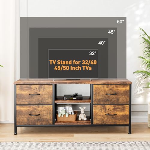 TV Stand with 4 Fabric Drawers and Open Shelves for 50" TV, Black Wood Veins F648
