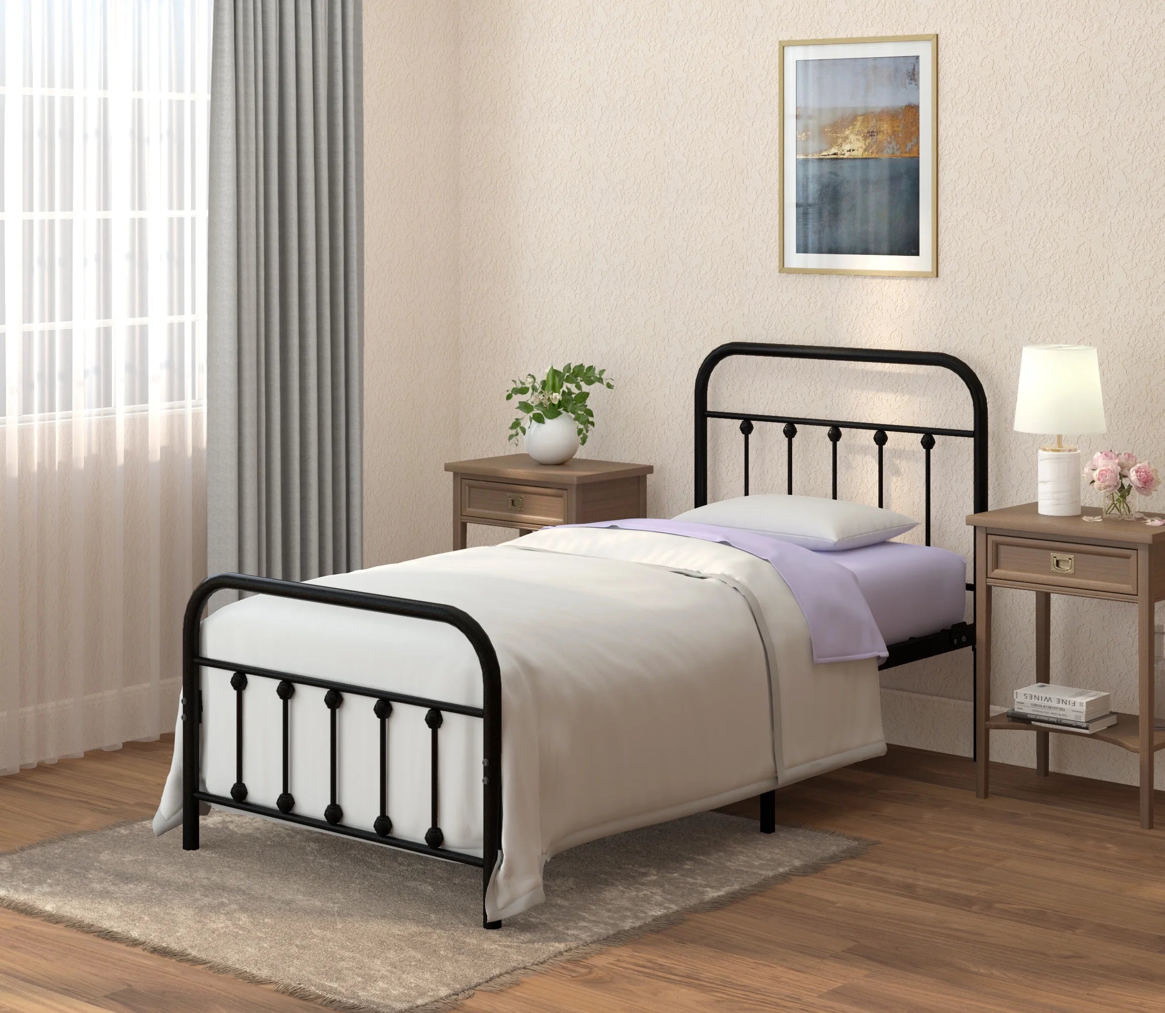 Vintage Twin Metal Bed Frame with Headboard and Footboard O168