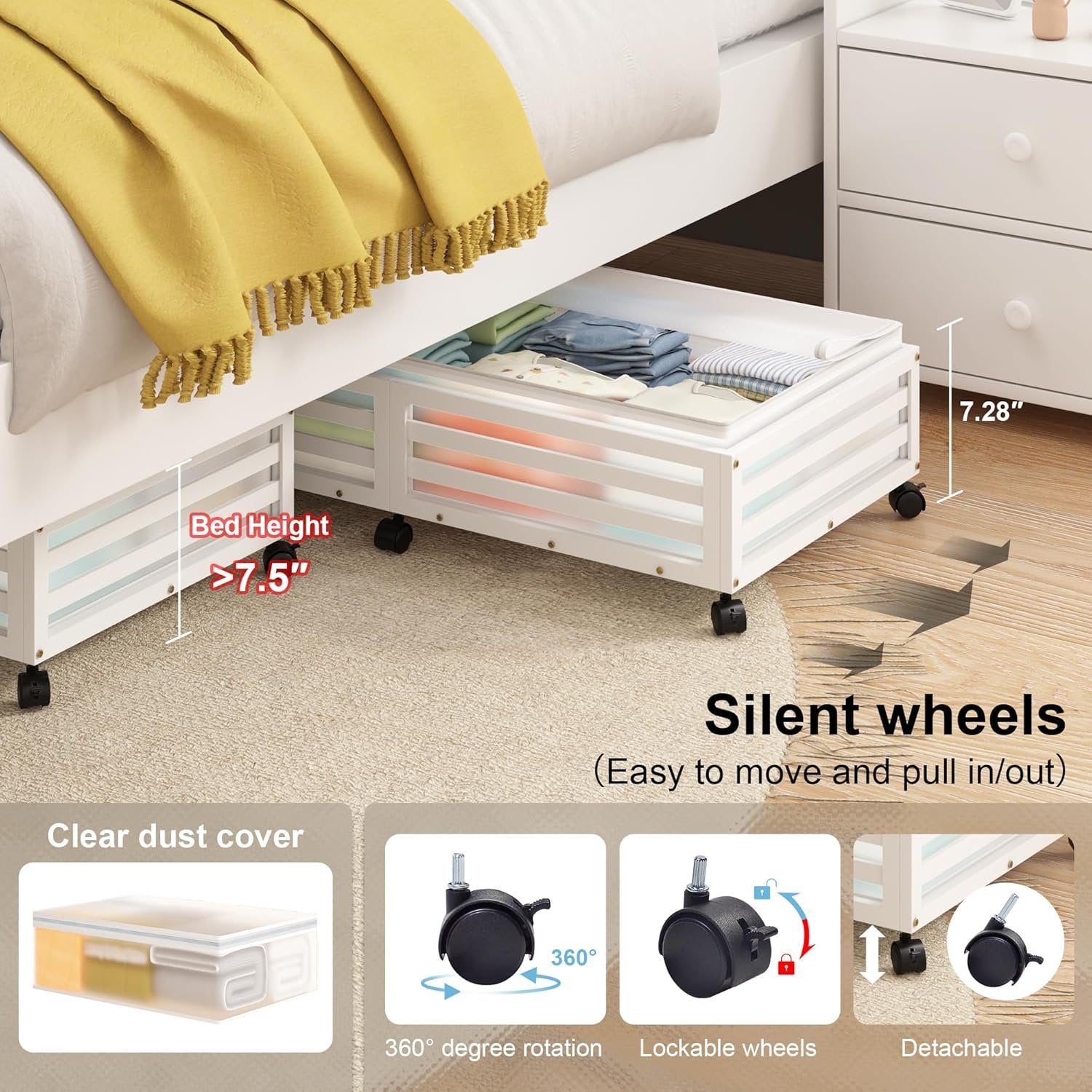 Under Bed Storage Containers with Wheels, Bamboo Wood Rolling Bins with Dust Bags I4348