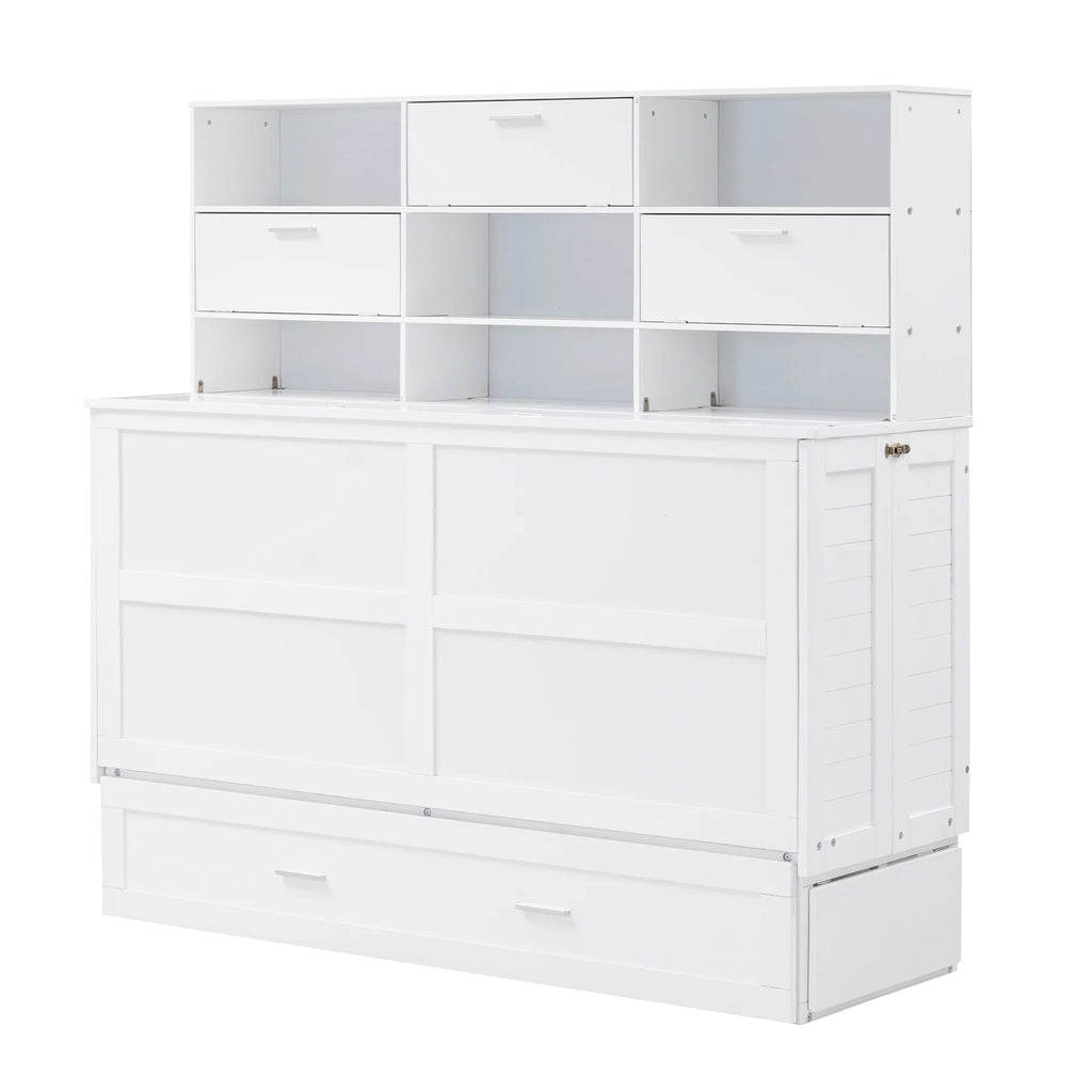 Queen Size Murphy Bed with Bookcase and Drawer, White F2789