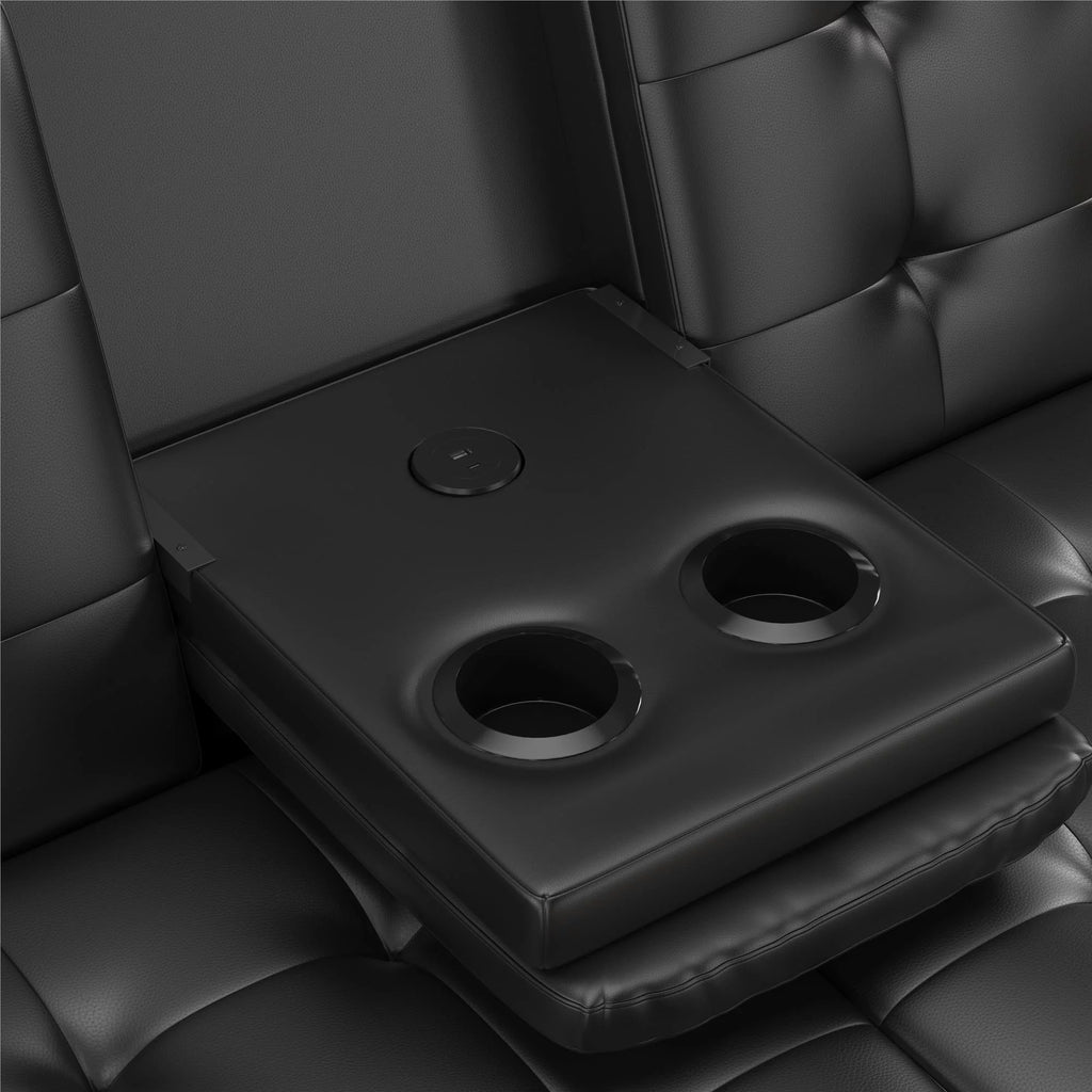Memory Foam Futon with Cupholder and USB, Black Faux Leather P11538