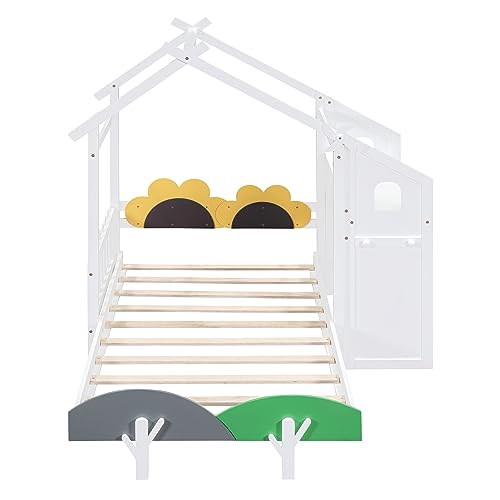 House-Shaped Twin Size Platform Bed with Windmill and Flower Decor E549