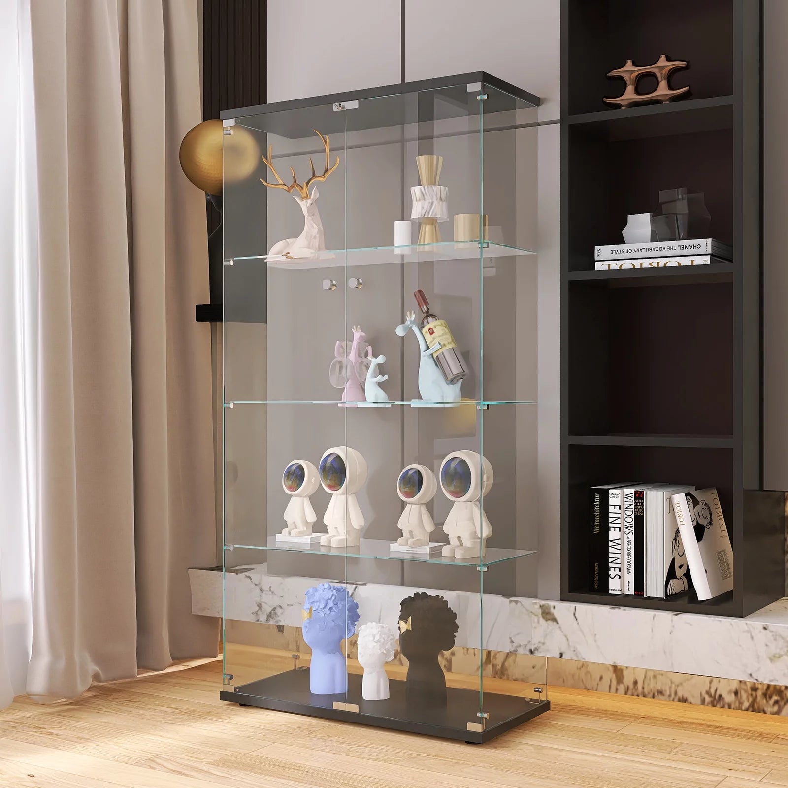 Glass Cabinet with 2 Clear Door, Curio Display Cabinet with 4 Shelves Glass Tower, 64'' High Figure Storage Display Corner Cabinet, Contemporary 4-Tier Retail Display Cases, Black, SS2834