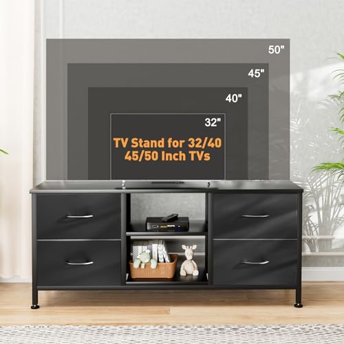 TV Stand with 4 Fabric Drawers and Open Shelves for 50" TV, Black Wood Veins F648