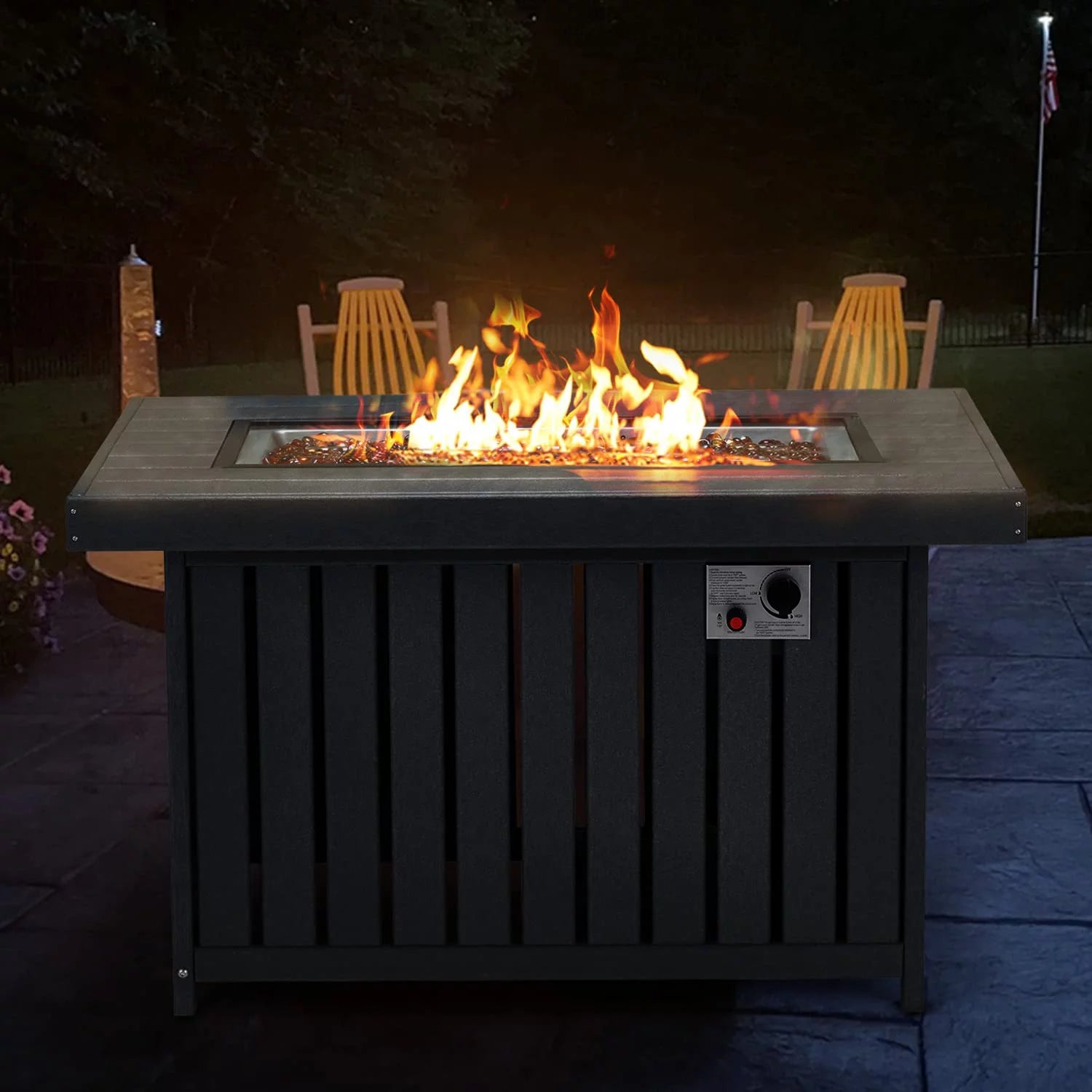 43 Inch HDPE Propane Fire Pit Table with Lid and Fire Glass, Gray F161
