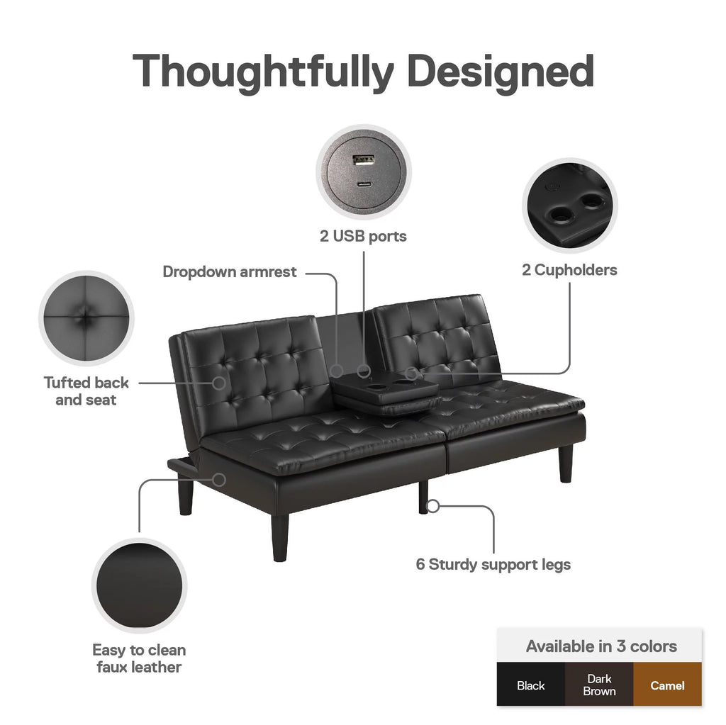 Memory Foam Futon with Cupholder and USB, Black Faux Leather P11538