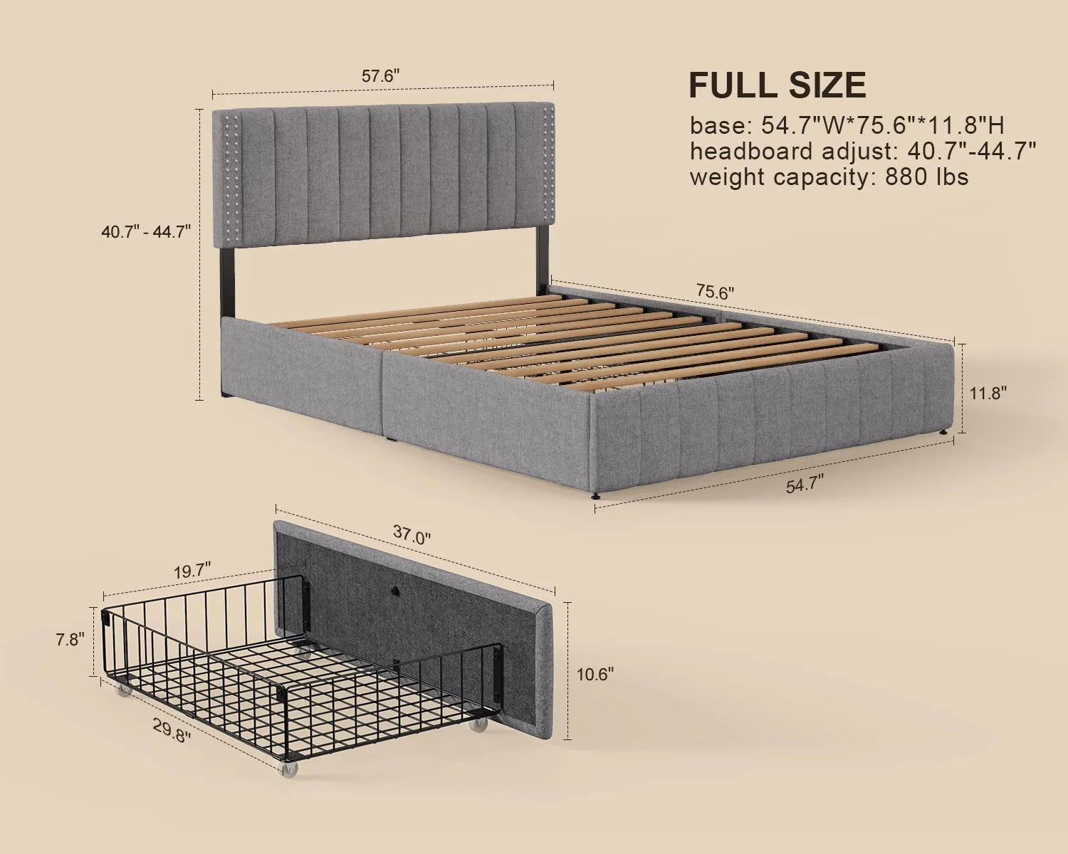 Full Size Bed Frame with Storage Drawers and Adjustable Headboard F3801