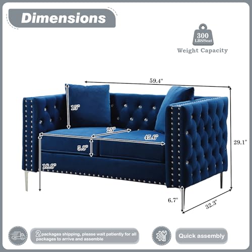 Velvet Loveseat Sofa for Living Room, 59 Inch Modern Upholstered with Pillows, Black A995