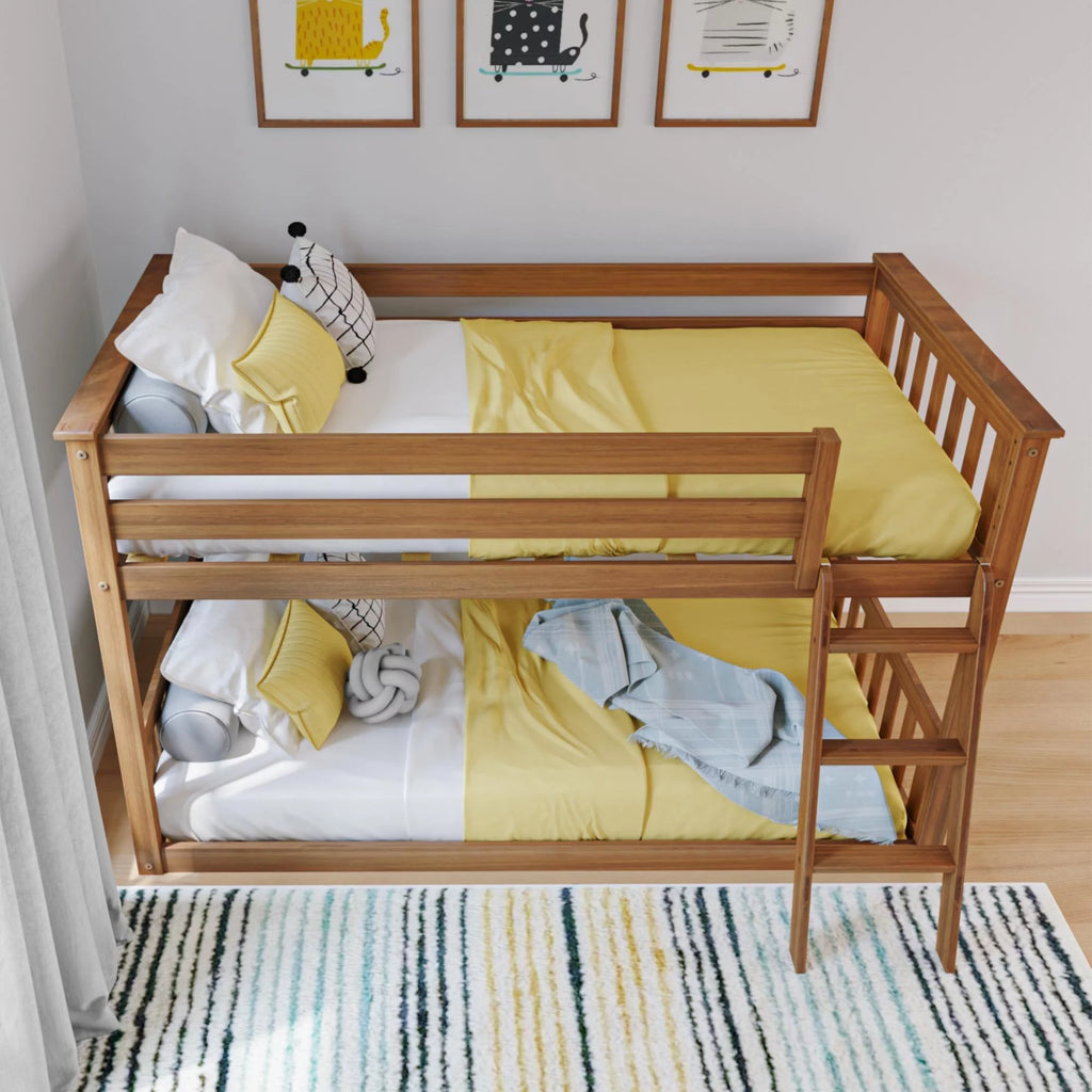 Twin over Twin Low Bunk Bed with Ladder for Kids, Solid Wood K190
