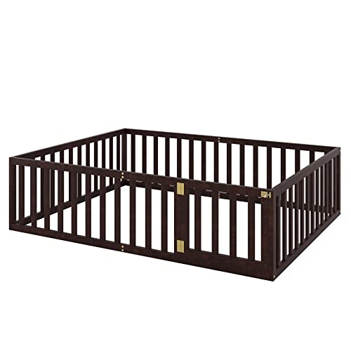 Twin Floor Bed Frame with Safety Fence, Solid Wood U412