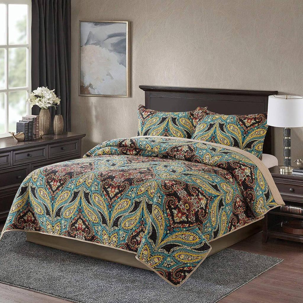 Cotton Bedspread Quilt Set, Reversible Patchwork Coverlet, Floral Pattern D3006