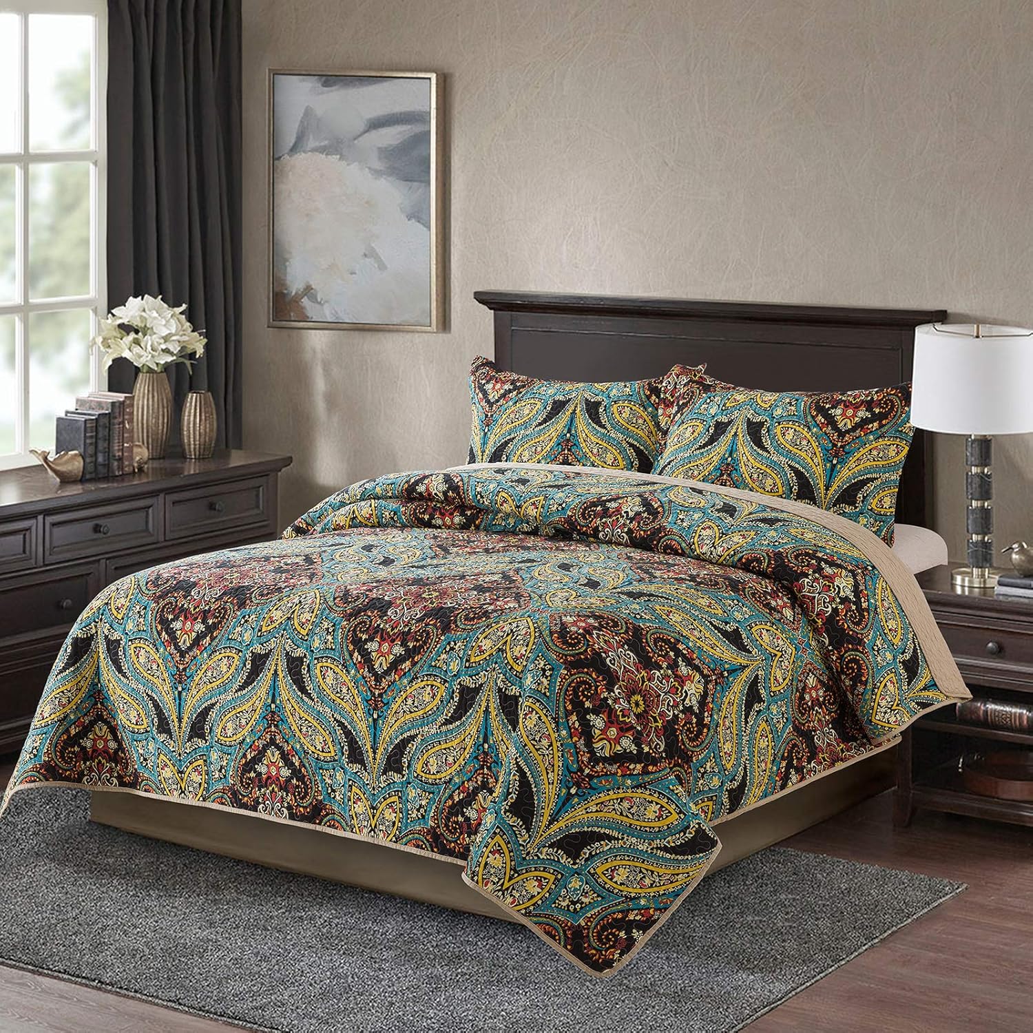 Cotton Bedspread Quilt Set, Reversible Patchwork Coverlet, Floral Pattern D3006
