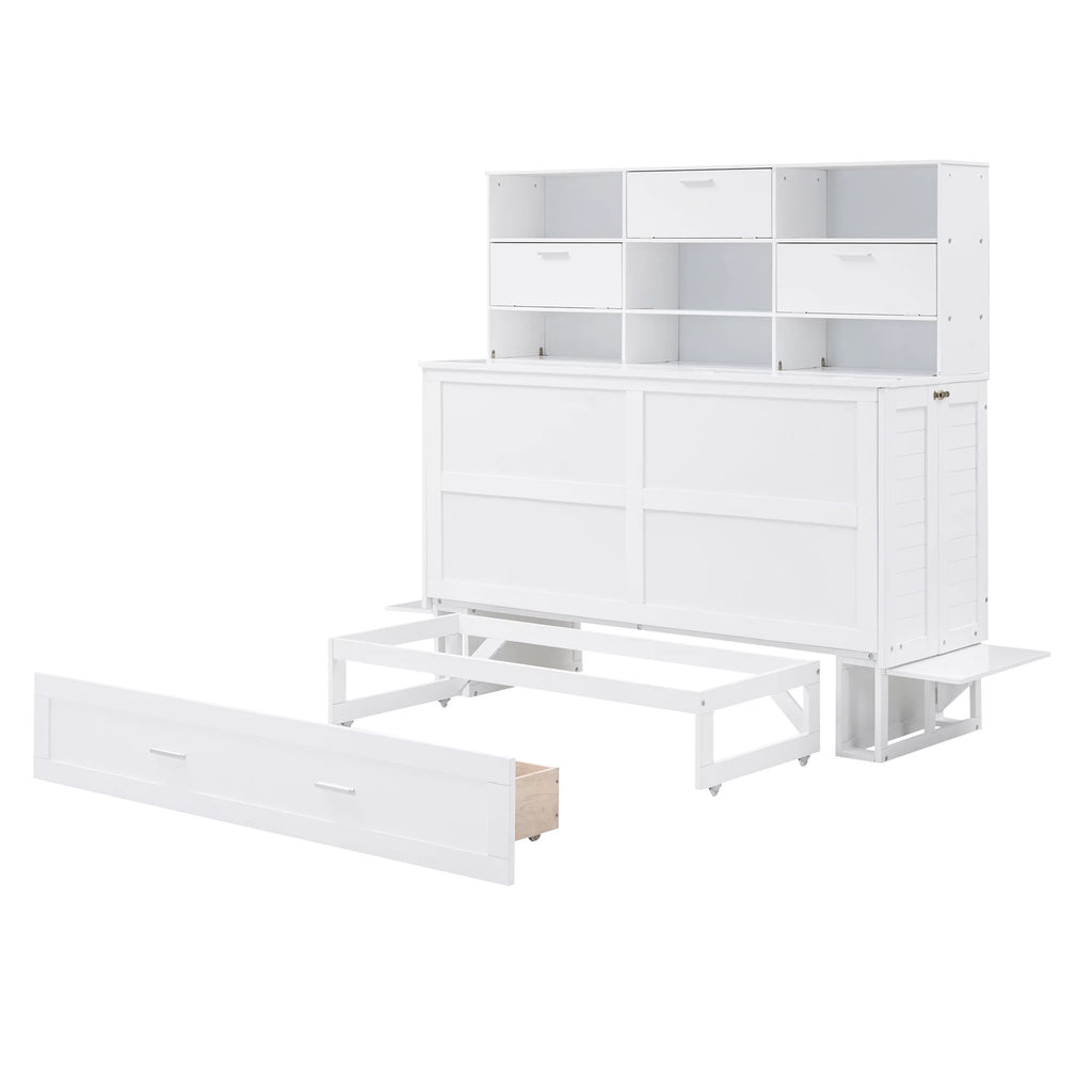 Queen Size Murphy Bed with Bookcase and Drawer, White F2789