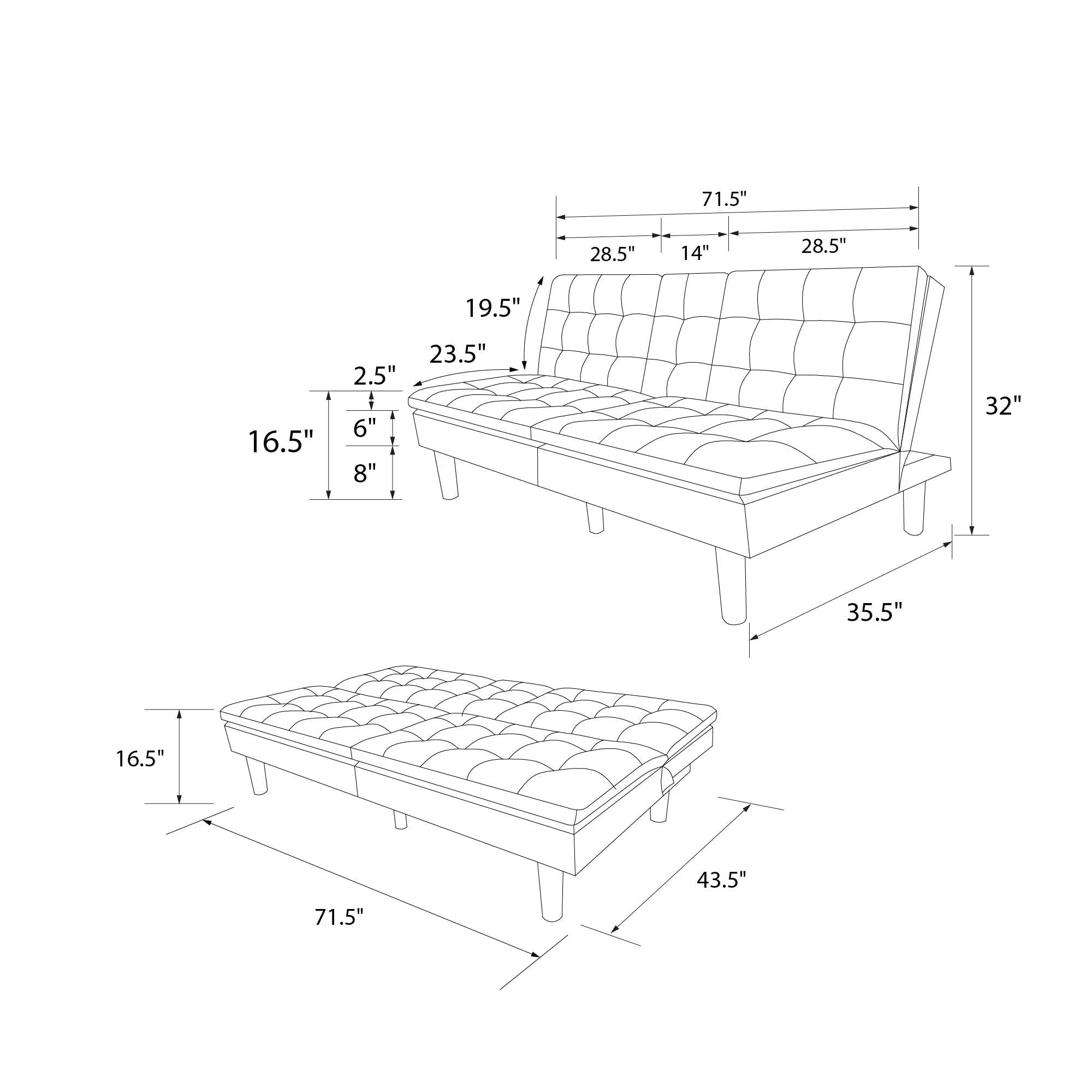 Memory Foam Futon with Cupholder and USB, Black Faux Leather P11538