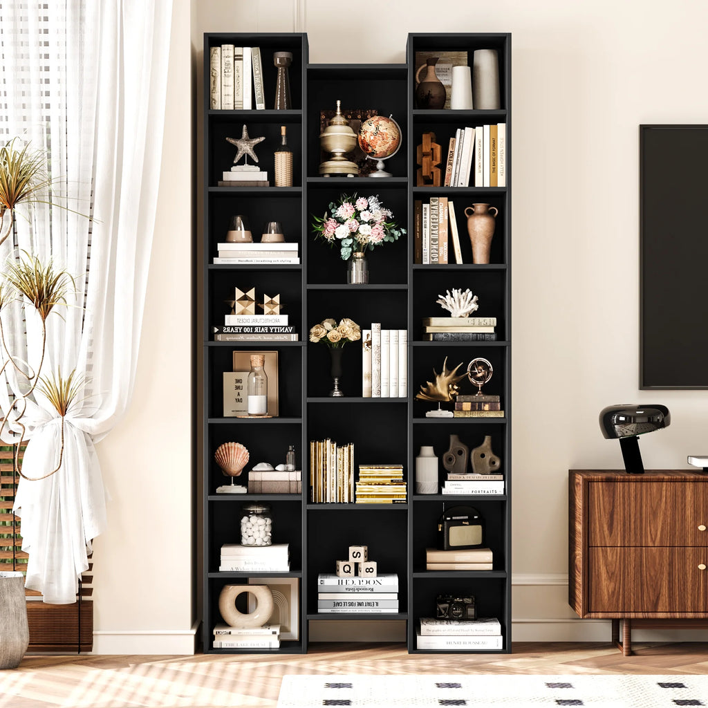 21-Cube Bookcase with Adjustable Shelves, Triple Width Storage Rack, Black I4384