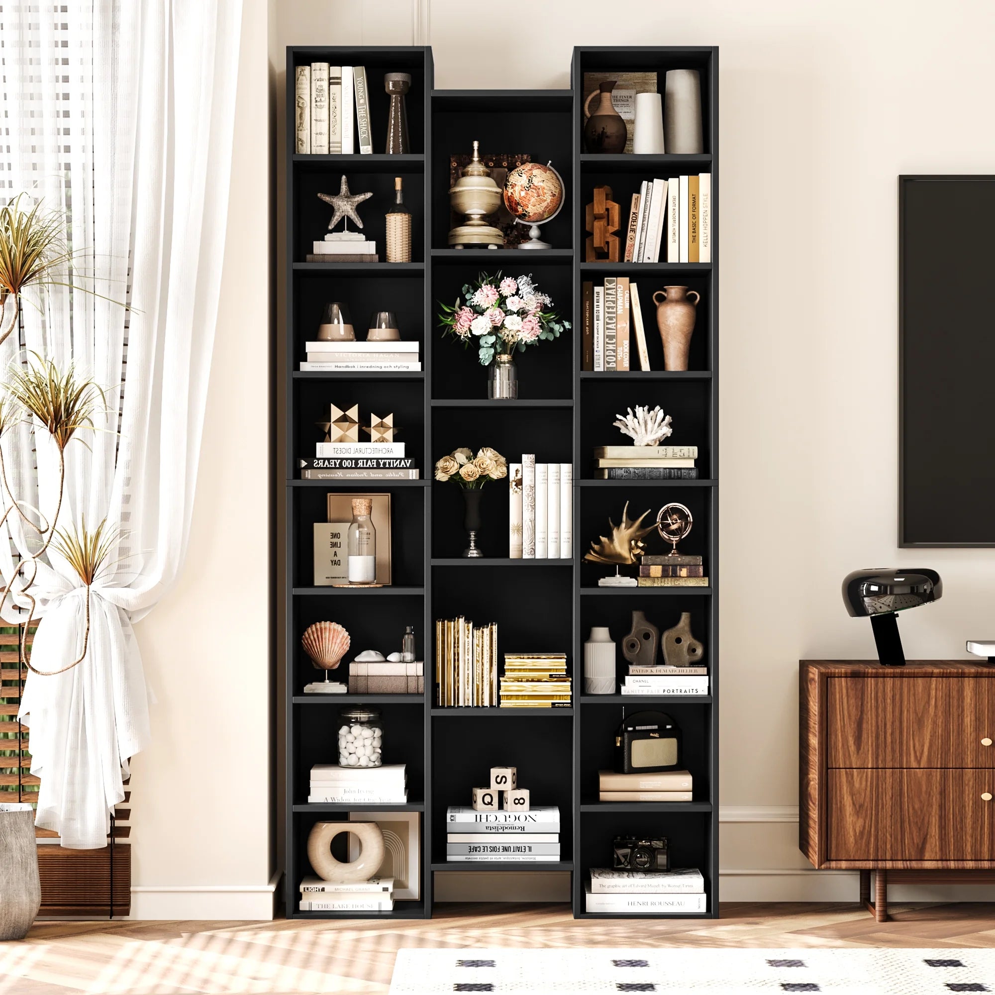 21-Cube Bookcase with Adjustable Shelves, Triple Width Storage Rack, Black I4384