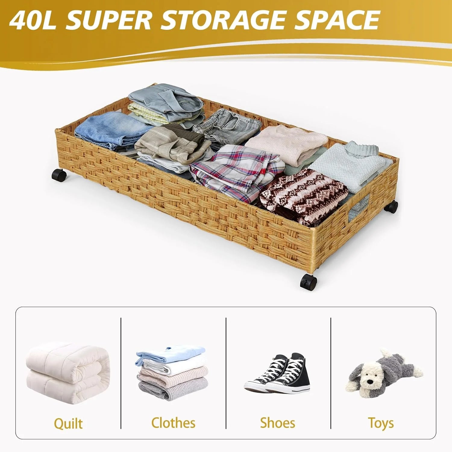 Under Bed Storage Containers with Wheels, 2 Pack, Rattan Organizer Drawer B13974