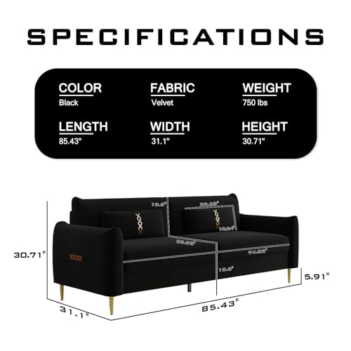 3-Seat Velvet Couch with Solid Wood Frame and Pillows B481145