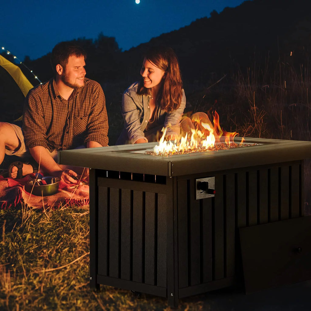 43 Inch HDPE Propane Fire Pit Table with Lid and Fire Glass, Gray F161